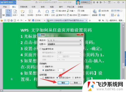 wps页码怎么从第2页开始设置页码 WPS页码设置从任意页开始